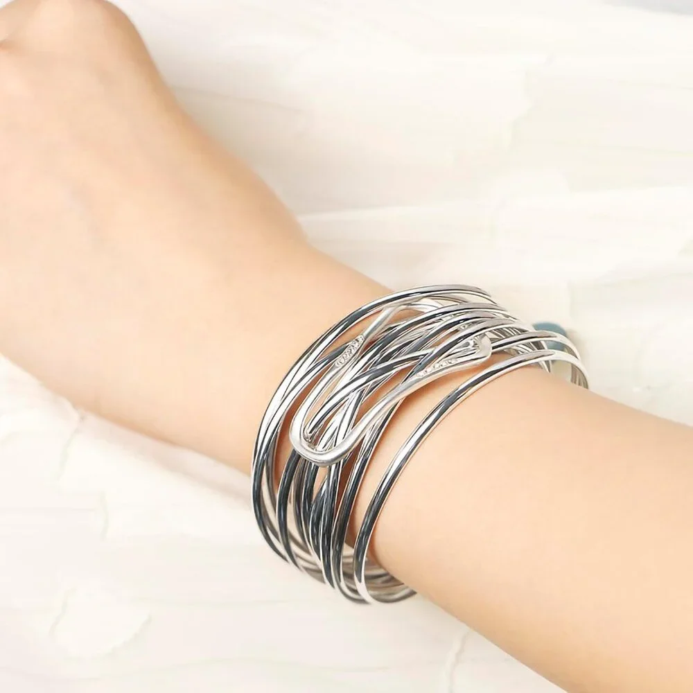 Women's Silver Leather Wrap Multi Layer Pearl Crystal Magnetic Clasp Bracelet - Picture 4 of 6
